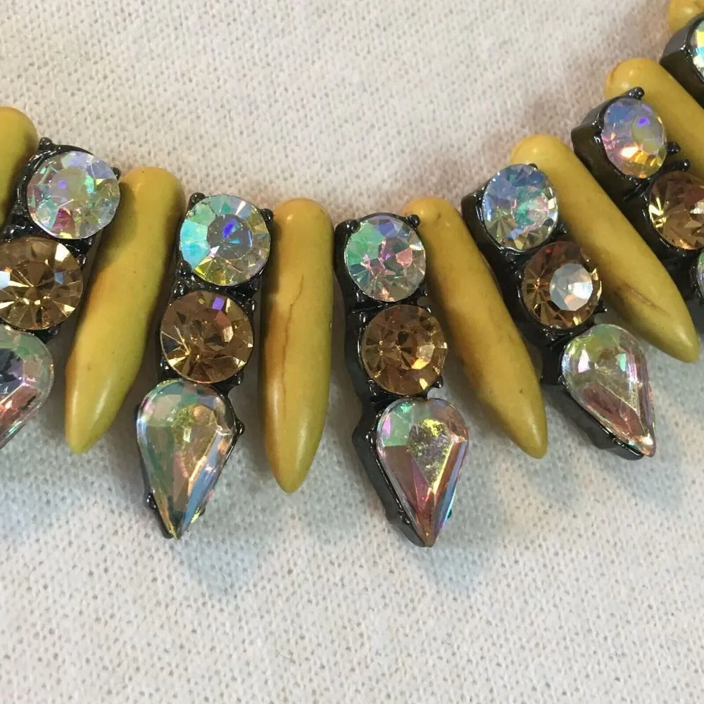 Rhinestone Necklace 21 Inch Gold Tone Chain Yellow Spike Statement Necklace